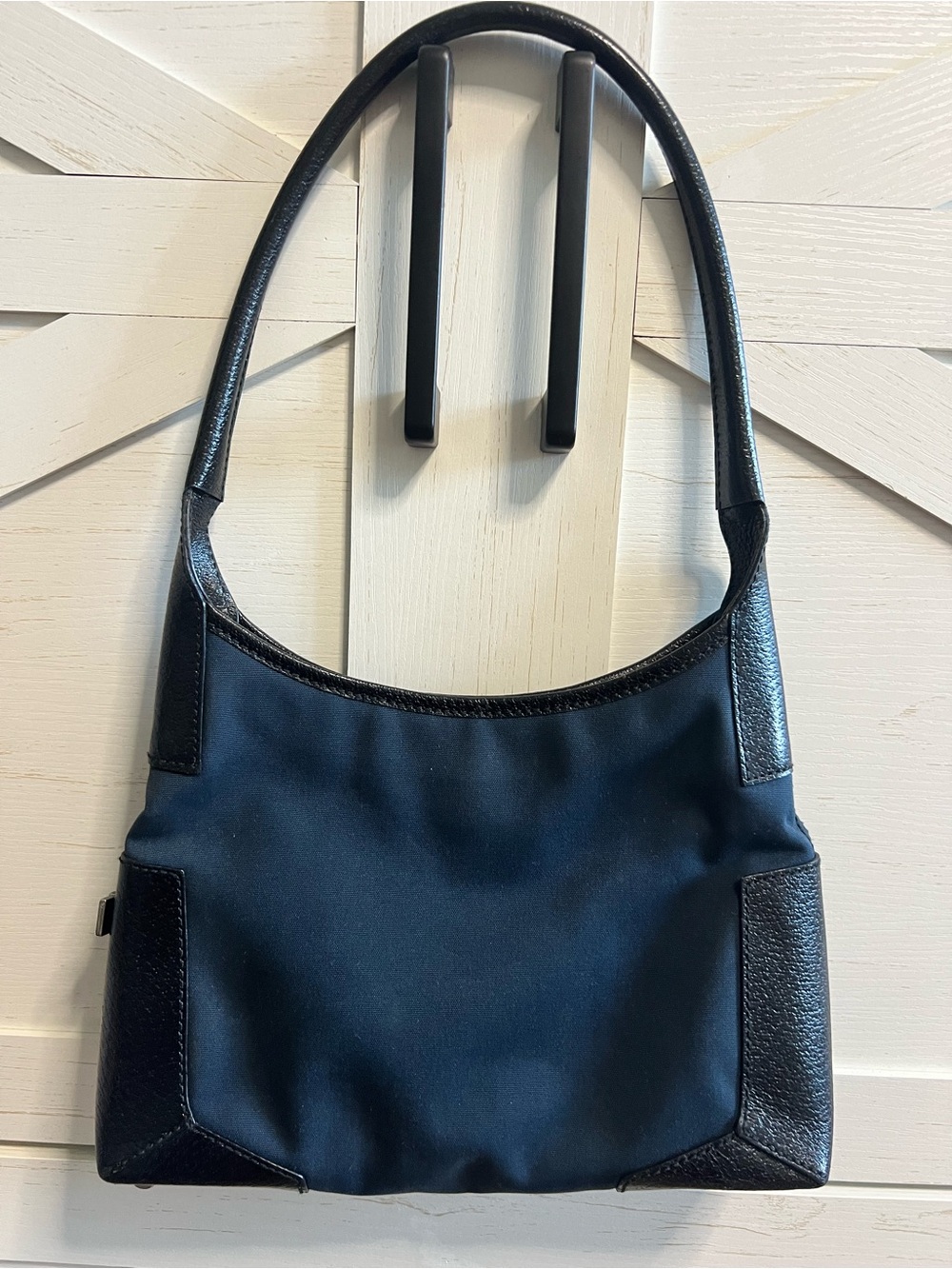 Salvatore Ferragamo Navy Blue Canvas & Black Leather Shoulder Bag